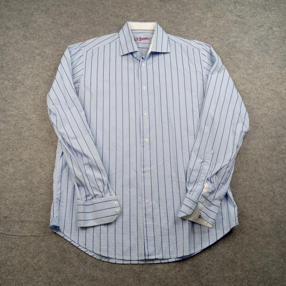 Robert Graham Shirt Mens 16 M/L Blue Purple Stripe Check Dress Button Front 41